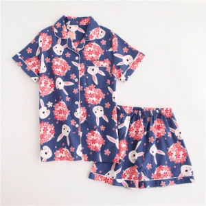 Pijama de verano de manga corta con estampado de conejitos y flores para mujer, de muy alta calidad