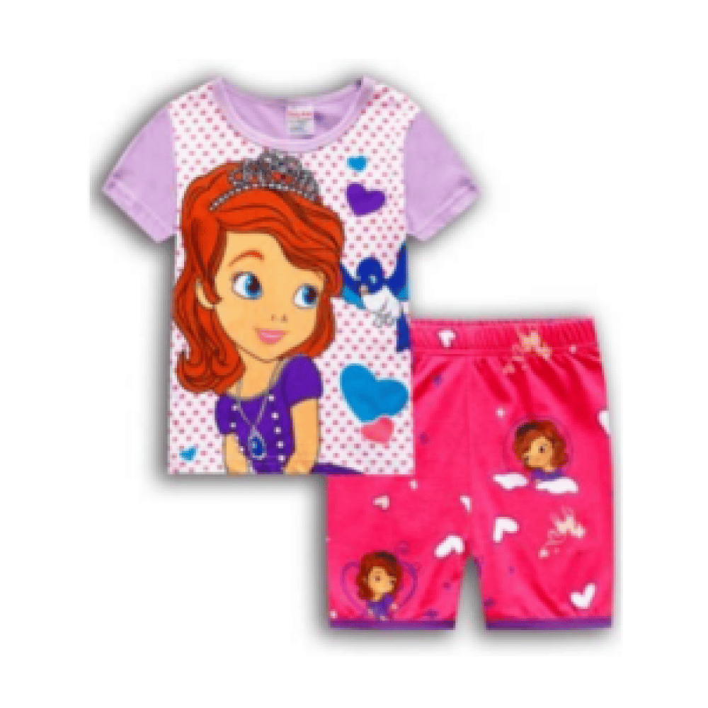 Pijama de dos piezas con mangas cortas y estampado Sofía en morado y rosa