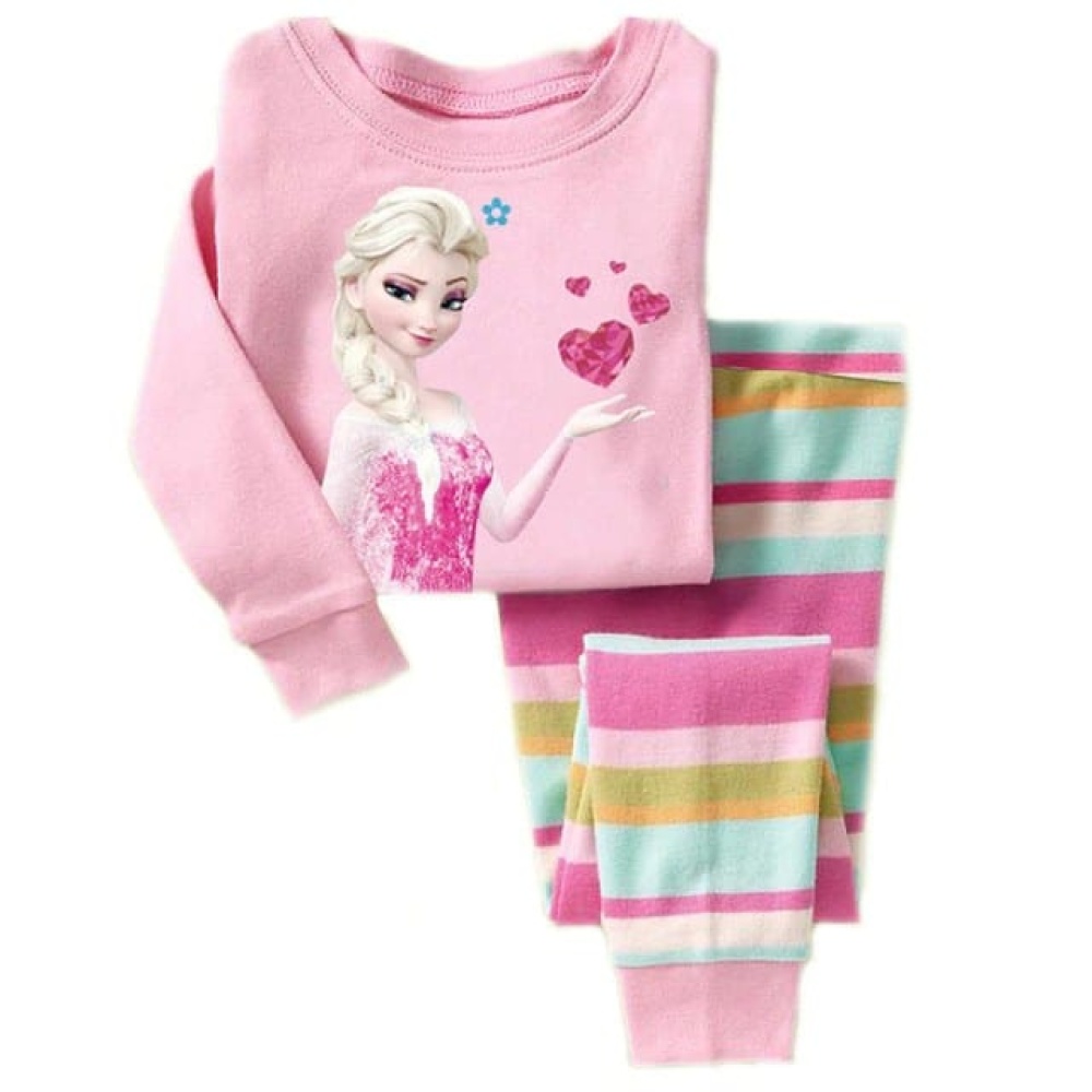 Pijama de dos piezas de manga larga con estampado de Elsa rosa y pantalón a rayas de moda