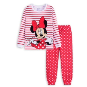 Pijama de niña Minnie de manga larga a rayas blancas y rojas con pantalón blanco de moda rojo