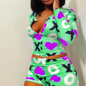 Pijama sexy de dos piezas con cuello de pico verde para mujer