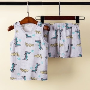 Conjunto de pijama de verano para niños con cinturón de cocodrilo de algodón azul