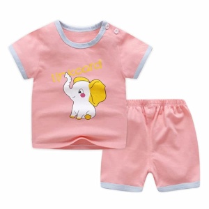 Pijama rosa de dos piezas con mangas cortas en algodón elefante rosa y azul