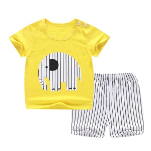 Pijama de dos piezas con camiseta de elefante amarillo y pantalón corto de algodón a rayas blancas y negras