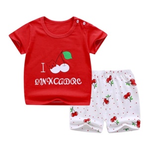 Pijama de dos piezas con camiseta roja y pantalón corto de algodón a la moda
