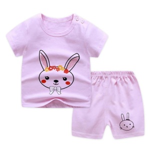 Camiseta y pantalón corto de pijama de dos piezas morado y rosa con estampado de conejos de algodón de moda