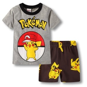 Pijama Pokémon Pikachu gris de dos piezas con pantalón corto marrón de algodón de muy alta calidad