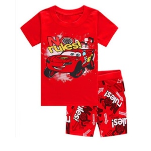 Pijama de verano para niño de algodón rojo con estampado de coches, de muy alta calidad y a la moda