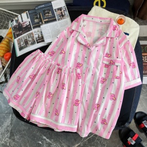 Pijama de mujer de manga corta a rayas rosas y blancas con revista