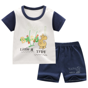 Pijama de verano camiseta blanca y pantalón corto azul para niños de algodón a la moda