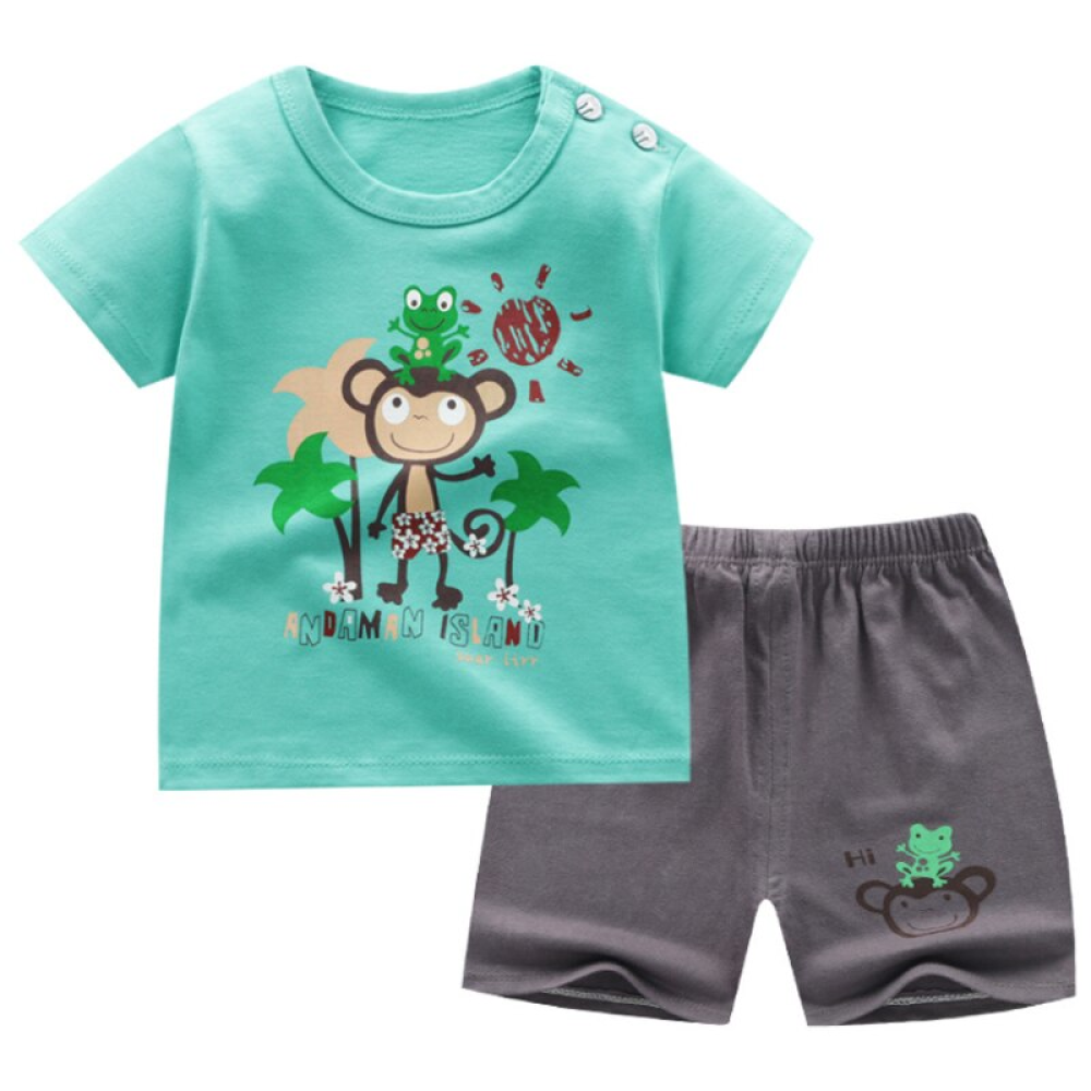 Pijama de verano, camiseta y pantalón corto con estampado de monos para niños en verde y gris