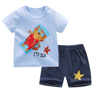 Pijama de verano camiseta y pantalón corto estampado gato azul para niños a la moda