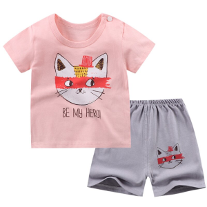 Pijama de verano a la moda con estampado de gato rosa y gris