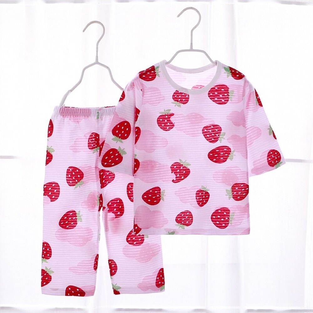 Pijama de verano con mangas tres cuartos, estampado de fresas, para niños en rosa, a la moda del cinturón