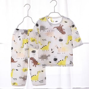 Pijama de verano de algodón blanco con motivo de dinosaurio para niños en cinturón