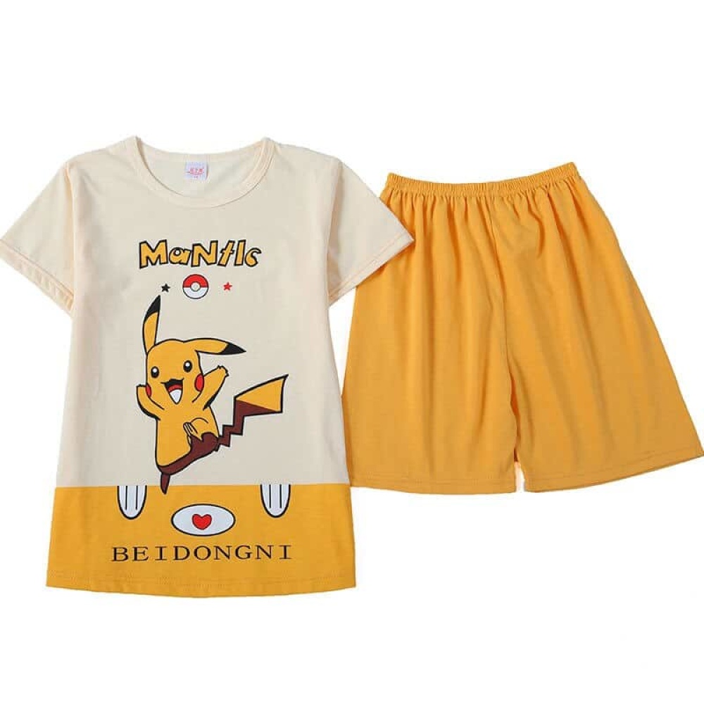 Pijama de verano amarillo y blanco con estampado de Pikachu para niños de muy alta calidad