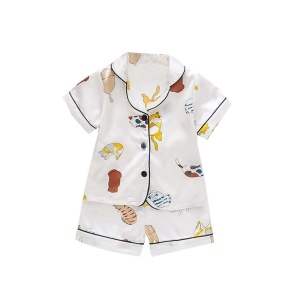 Conjunto de pijama blanco de manga corta con motivo de gato para niños en satén de moda