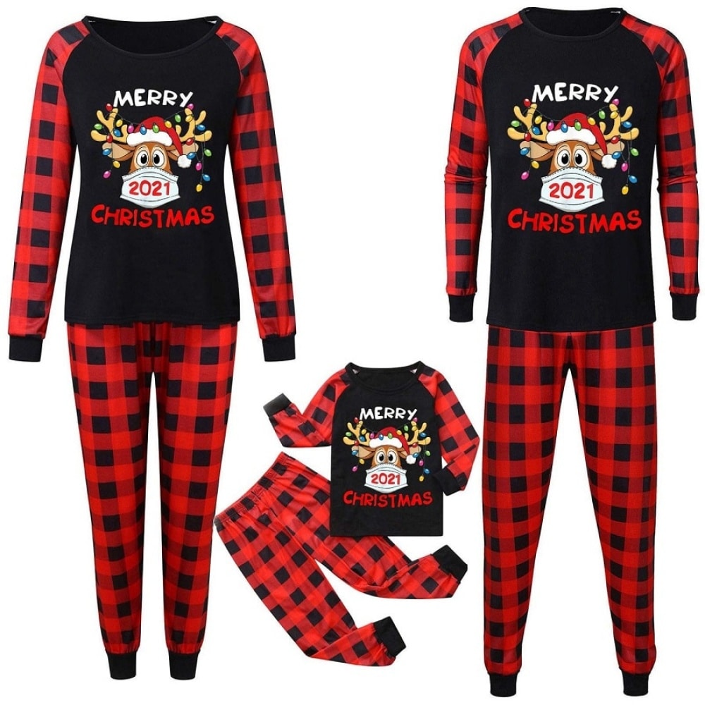 Conjunto de pijama navideño para toda la familia con pantalón a cuadros rojos y negros a la moda