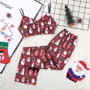 Pijama de Navidad de raso rojo de 2 piezas para mujer con decoración navideña a la moda