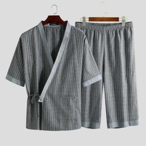Pijama de verano kimono gris con cinturón de moda