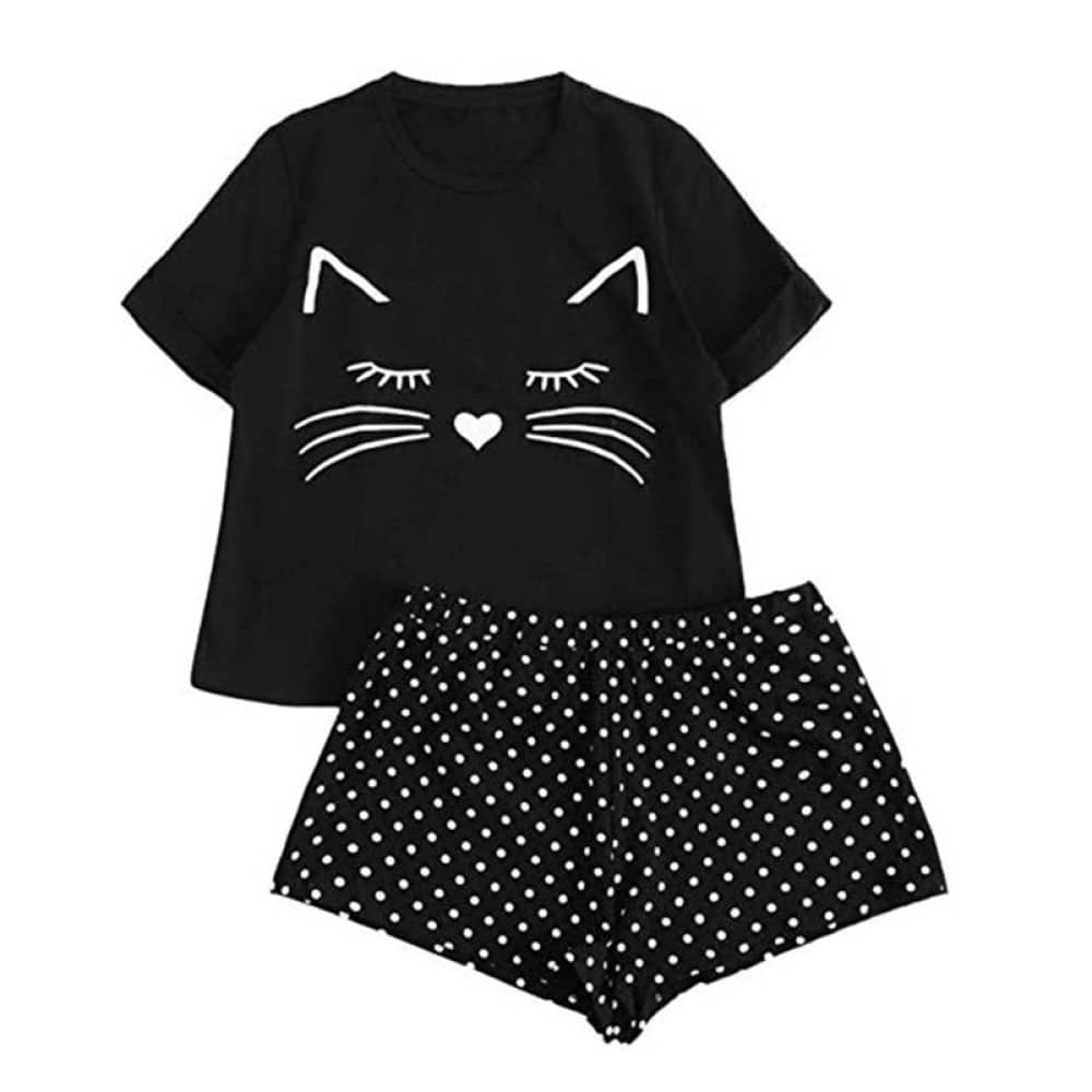 Conjunto de pijama de nailon con estampado de gato negro para mujeres a la moda