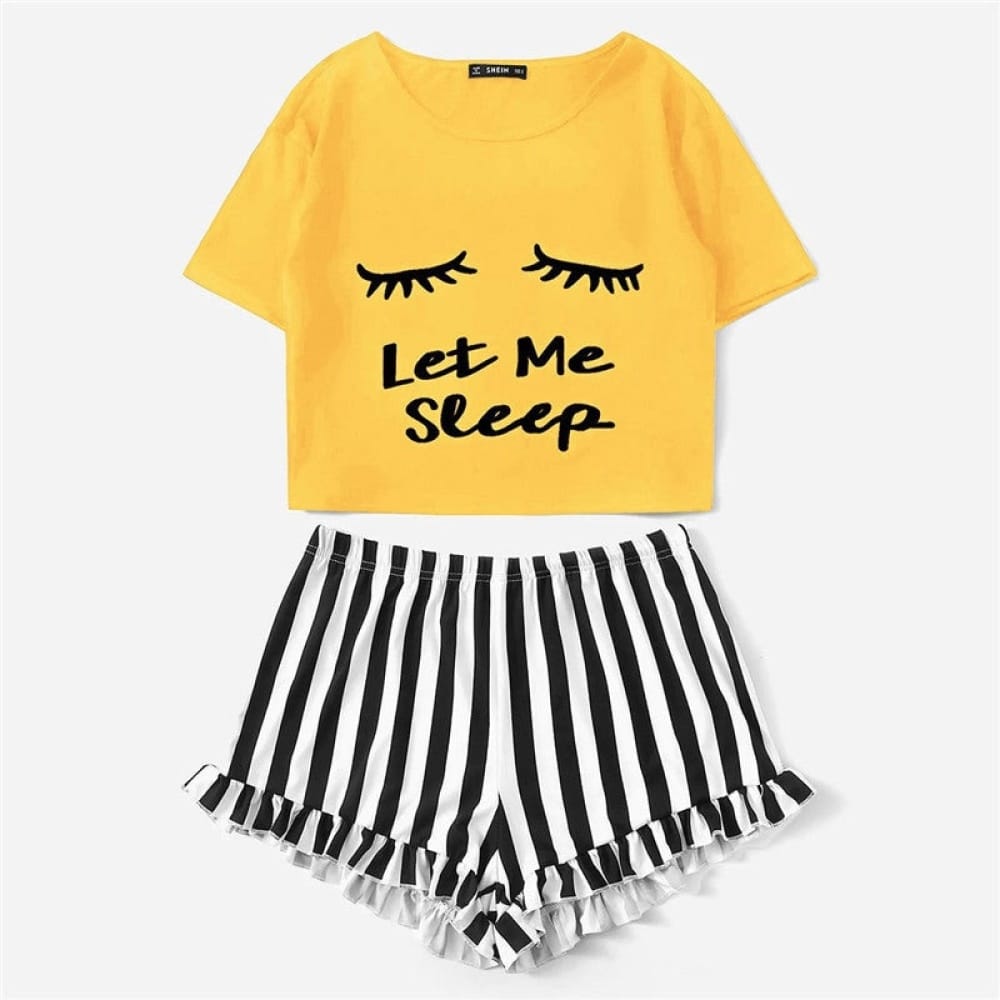 Pijama de verano de dos piezas para mujer en amarillo con estampado de pestañas y rayas blancas y negras