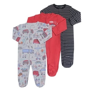 Pijama de 3 piezas con combinación de vehículos y rayas para bebé con fondo blanco
