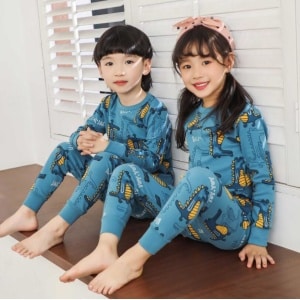 Pijama de primavera azul de dinosaurios para niños con dos niños vistiendo el pijama