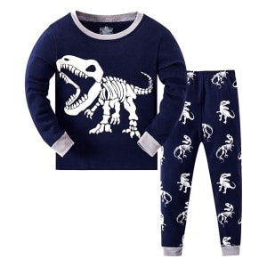 Pijama de dos piezas con estampado de dinosaurios para niño azul y gris con fondo blanco