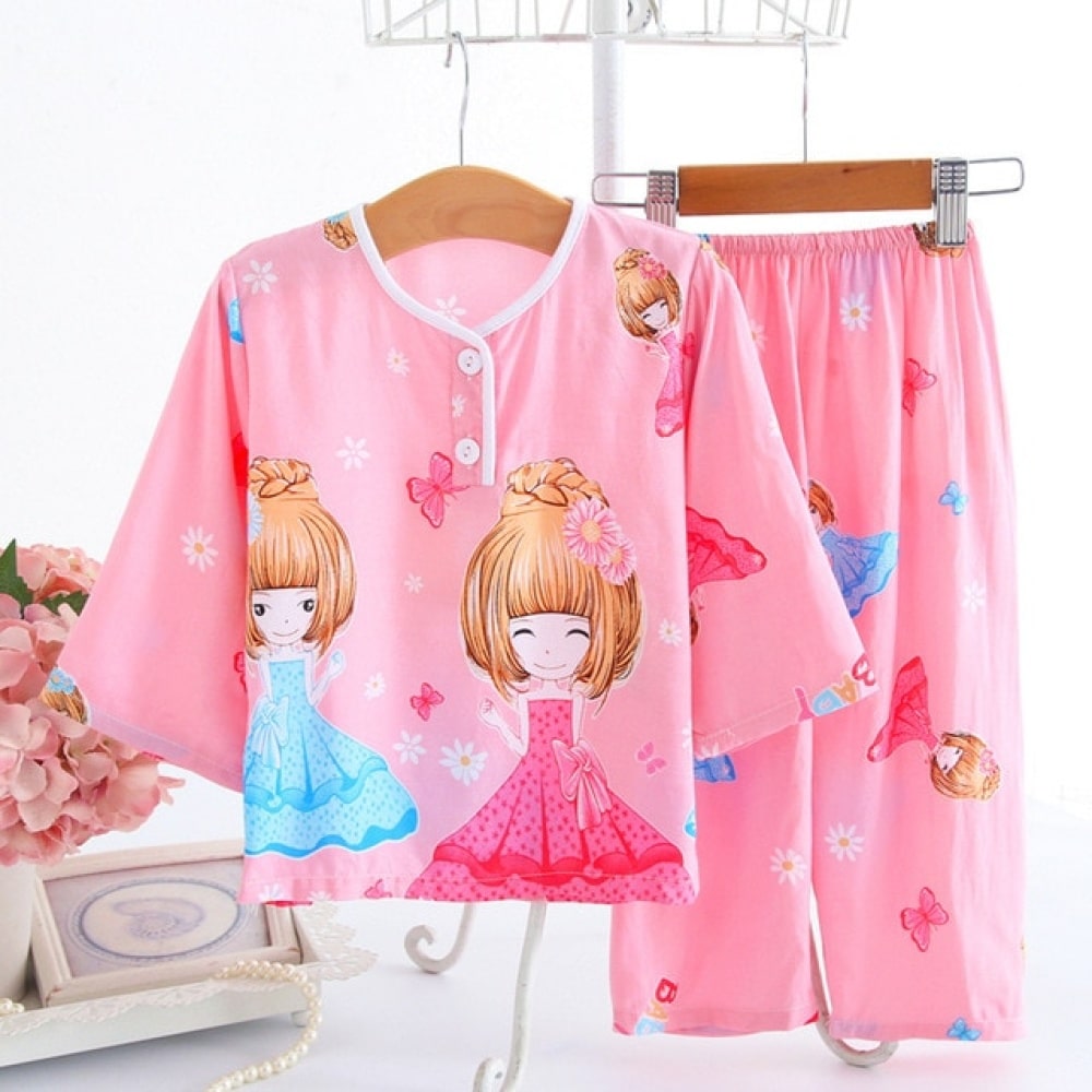 Pijama de algodón rosa con estampado de princesas para niña con cinturón