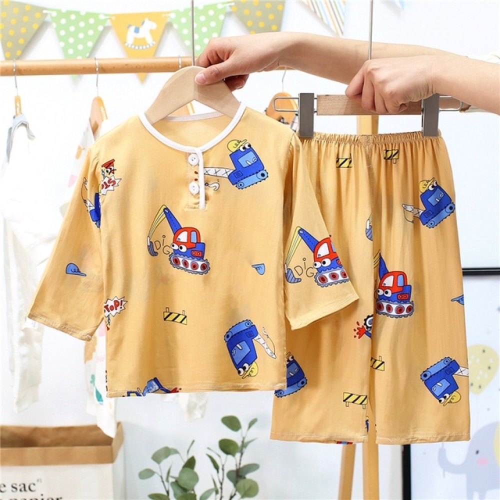 Pijama de verano de algodón amarillo para niño con estampado de tanque