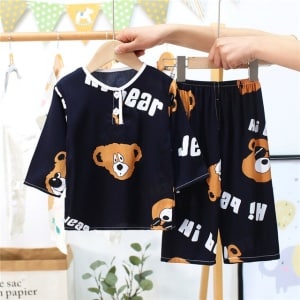 Pijama de verano negro de algodón con estampado de osos en un cinturón