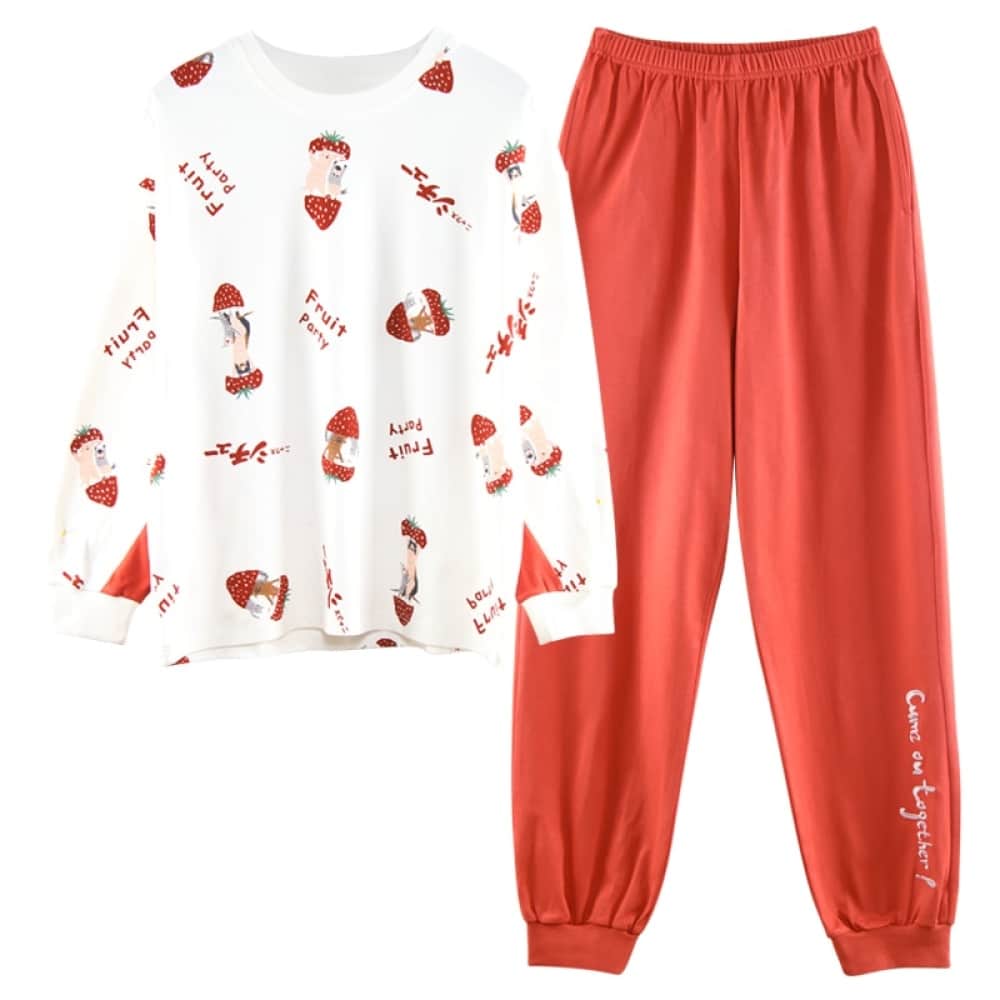 Pijama de otoño con jersey blanco estampado y pantalón rojo para mujer a la moda