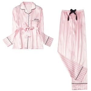 Pijama de mujer de dos piezas con rayas blancas y rosas y manga larga, de muy alta calidad