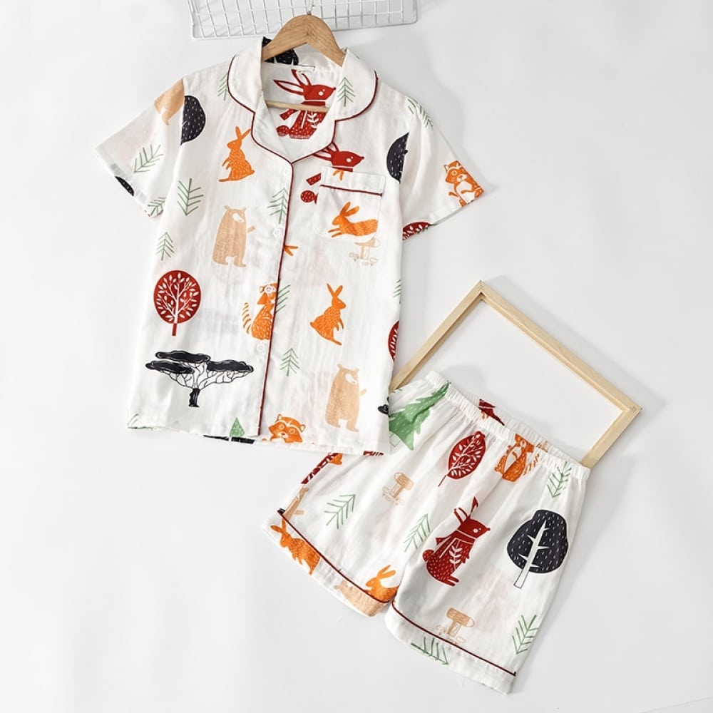 Pijama de verano de algodón de manga corta para mujer con cuello doblado sobre cinturón y armazón